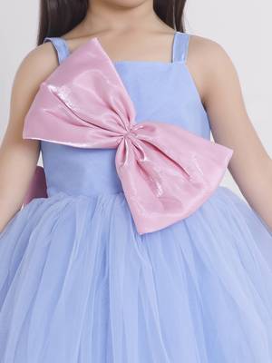 Blue bow applique Sleeveless net party frock for kids 5