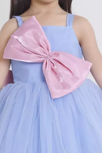 Blue bow applique Sleeveless net party frock for kids