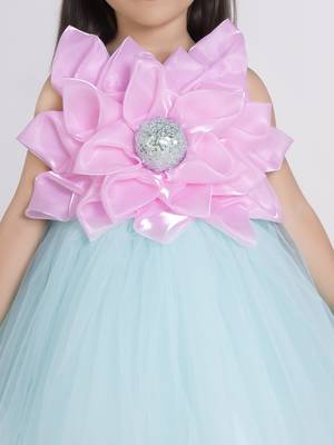 Sea green 3d floral applique Sleeveless net party frock for kids 5
