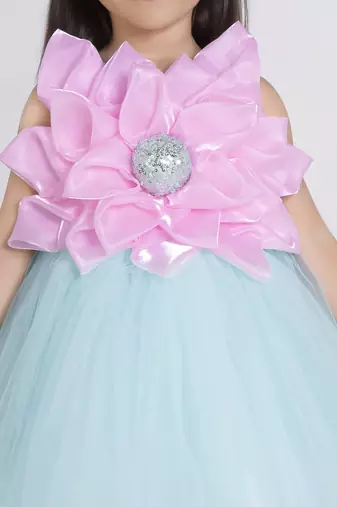 Sea green 3d floral applique Sleeveless net party frock for kids