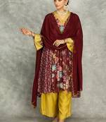 Wine cotton silk printed buti kurta set with scalloping dupatta