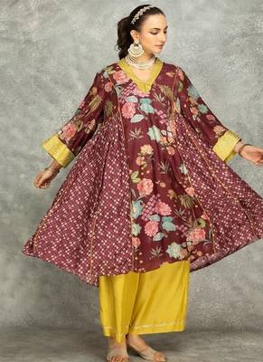Wine cotton silk printed buti kurta set with scalloping dupatta 2