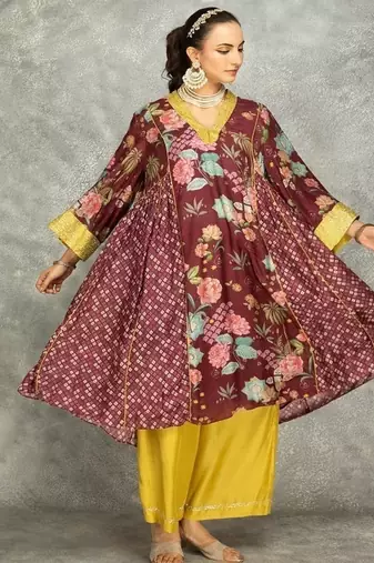 Wine cotton silk printed buti kurta set with scalloping dupatta