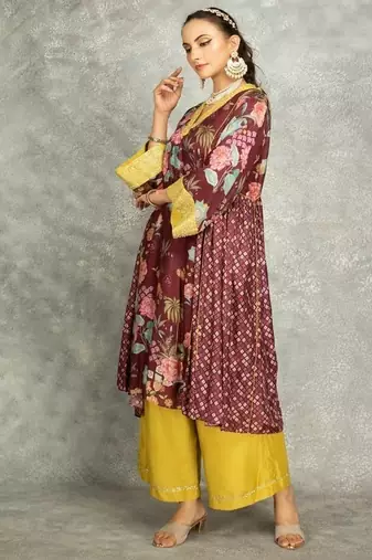 Wine cotton silk printed buti kurta set with scalloping dupatta
