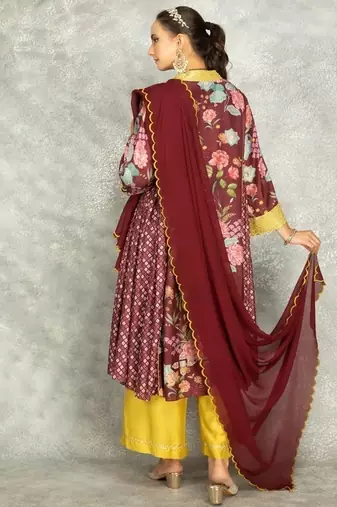 Wine cotton silk printed buti kurta set with scalloping dupatta