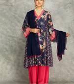 Blue cotton silk printed buti kurta set with scalloping dupatta