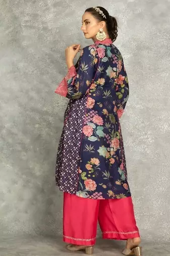 Blue cotton silk printed buti kurta set with scalloping dupatta