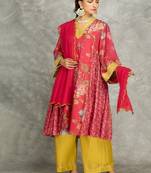 Hot pink cotton silk printed buti kurta set with scalloping dupatta