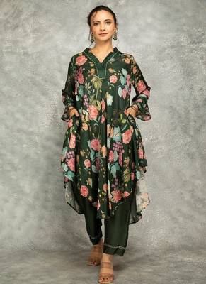 Green cotton silk printed high low kurta and pant set 1