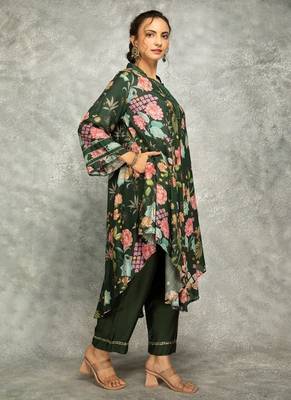 Green cotton silk printed high low kurta and pant set 2