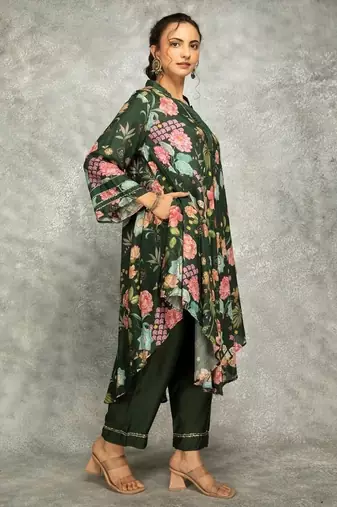 Green cotton silk printed high low kurta and pant set