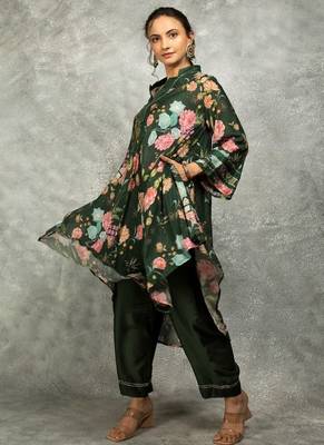 Green cotton silk printed high low kurta and pant set 3