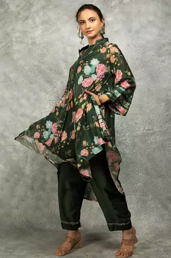 Green cotton silk printed high low kurta and pant set