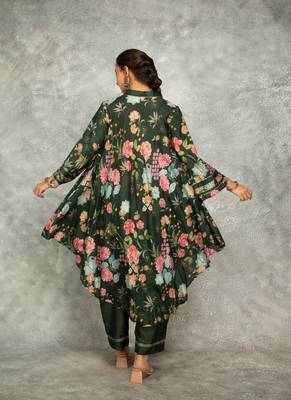 Green cotton silk printed high low kurta and pant set 4