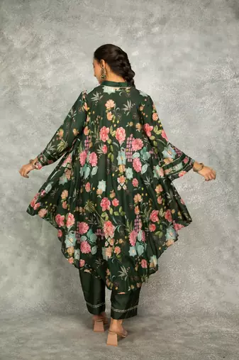 Green cotton silk printed high low kurta and pant set
