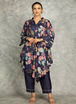 Blue cotton silk printed high low kurta and pant set 1