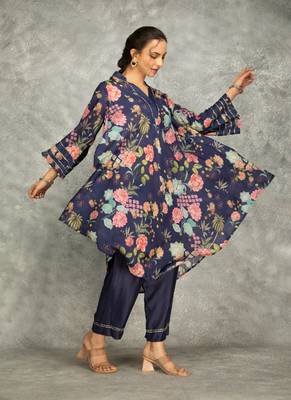 Blue cotton silk printed high low kurta and pant set 2