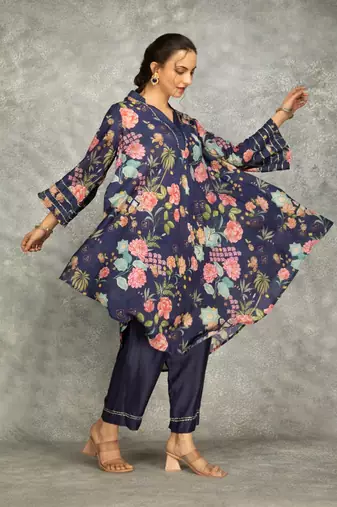 Blue cotton silk printed high low kurta and pant set