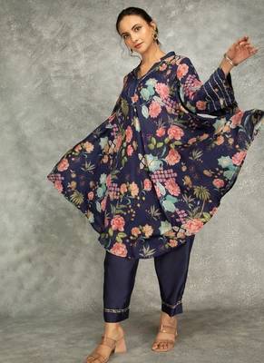 Blue cotton silk printed high low kurta and pant set 3