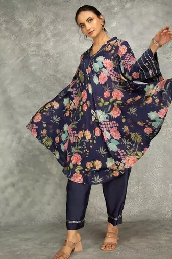 Blue cotton silk printed high low kurta and pant set