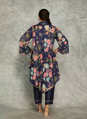 Blue cotton silk printed high low kurta and pant set 4
