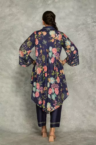 Blue cotton silk printed high low kurta and pant set