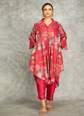 Hot pink cotton silk printed high low kurta and pant set 1