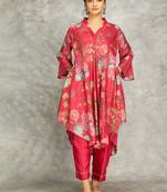 Hot pink cotton silk printed high low kurta and pant set