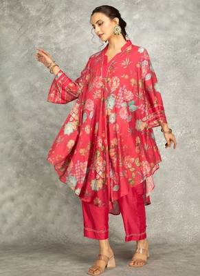 Hot pink cotton silk printed high low kurta and pant set 2