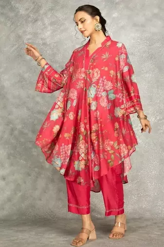 Hot pink cotton silk printed high low kurta and pant set