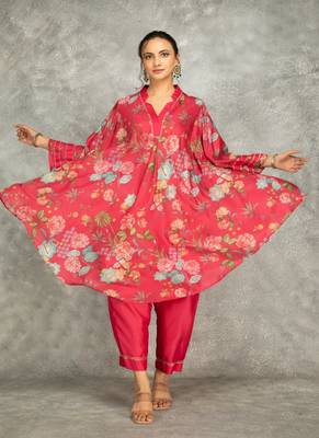 Hot pink cotton silk printed high low kurta and pant set 4