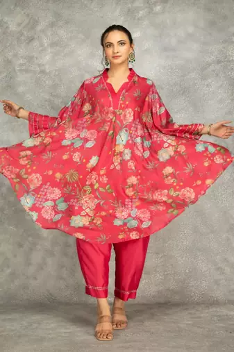 Hot pink cotton silk printed high low kurta and pant set