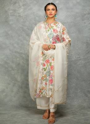 White cotton silk printed kurta set 1