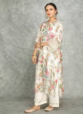 White cotton silk printed kurta set 2