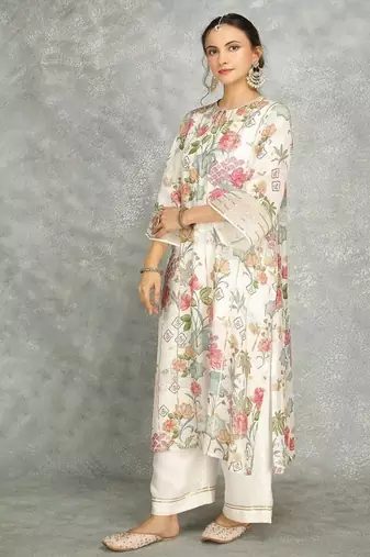 White cotton silk printed kurta set