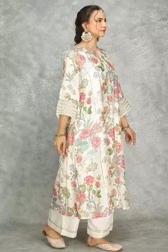 White cotton silk printed kurta set