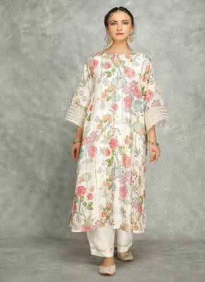 White cotton silk printed kurta set 4