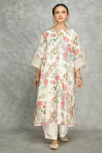 White cotton silk printed kurta set