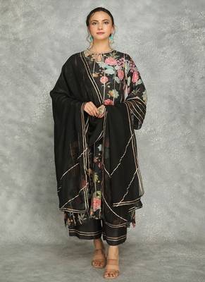 Black cotton silk printed kurta set 1