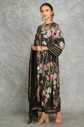 Black cotton silk printed kurta set