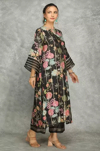 Black cotton silk printed kurta set