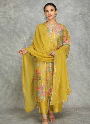 Yellow cotton silk printed kurta set 1