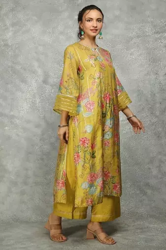 Yellow cotton silk printed kurta set