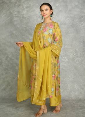 Yellow cotton silk printed kurta set 3