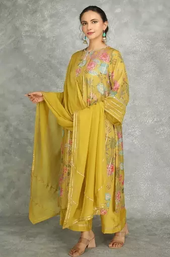 Yellow cotton silk printed kurta set