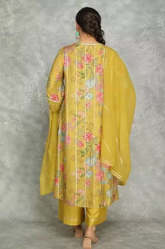 Yellow cotton silk printed kurta set