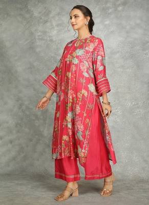 Hot pink cotton silk printed kurta set 1