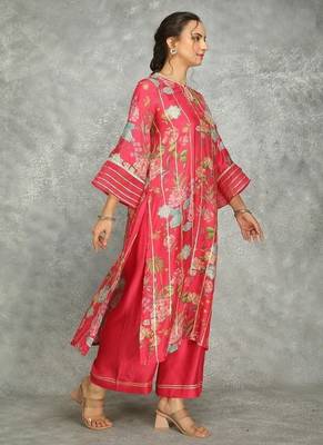 Hot pink cotton silk printed kurta set 2