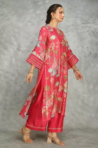 Hot pink cotton silk printed kurta set