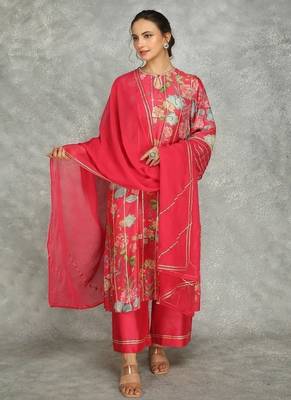 Hot pink cotton silk printed kurta set 3